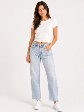 Zara Basic Denim Light Wash Frayed Hem Jeans Size 6